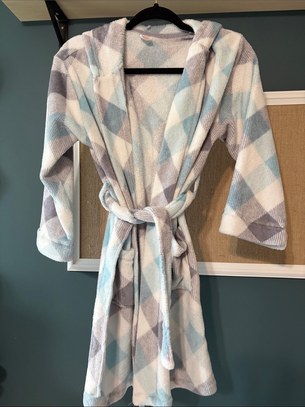 wonder nation Plush Hooded Robe in Light Blue & Gray Plaid